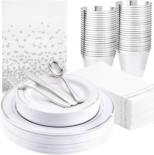 GATHER 176 Pieces Silver Plates - Disposable Silver Plastic Plates Includes 50 Plates, 75 Silverware, 25 Napkins, 25 Silver Rimmed Cups and 1 Tablecloth Perfect for Party & Weding