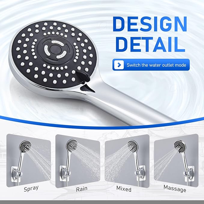 Wide Rain Shower Head With 5 Modes Handheld Showerheads, High Pressure Showerhead Combo with Extension Arm for Bathroom Accessories, Adjustable Shower Head with Anti-Clog Nozzles (Chrome)