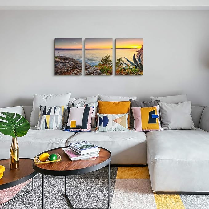 TTHYUEWS Wall Art For Living room beach sunset landscape Wall Decor for artwork Painting 12" x 16" 3 Pieces Canvas Prints For bedroom Decor Modern Salon kitchen office wall Painting Home decorations