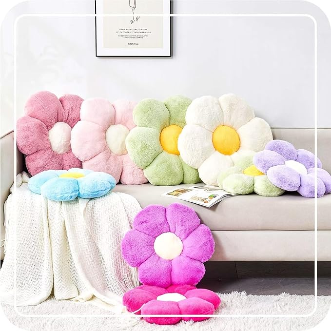 Lavender Flower Pillow, Cute Decorative Flower Shaped Throw Pillow with Faux Rabbit Fur, 19.6" Soft Flower Plush Throw Pillow Floor Pillows Room Décor for Bedroom Living Room