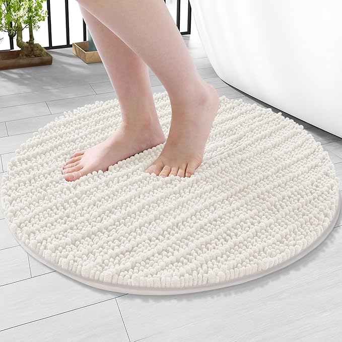 Arotive Luxury Round Chenille Bathroom Rug Mat, Extra Soft Thick Absorbent Shaggy Bath Rugs, Non-Slip Machine Wash Dry Plush Bath Mats for Bathroom, Shower and Tub, 24x24, Ivory