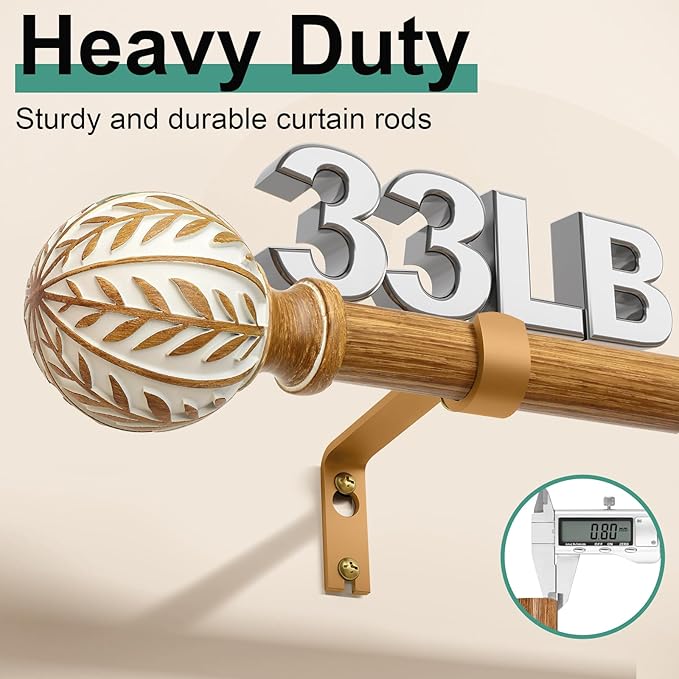 Boho Wood Curtain Rods for Windows 72 to 144 inch,1" Adjustable Heavy Duty Window Curtain Rod with Imitation Wood Grain Finials,Rustic Decorative Drapery Rods Set,Size:36-150'',Maple Wood