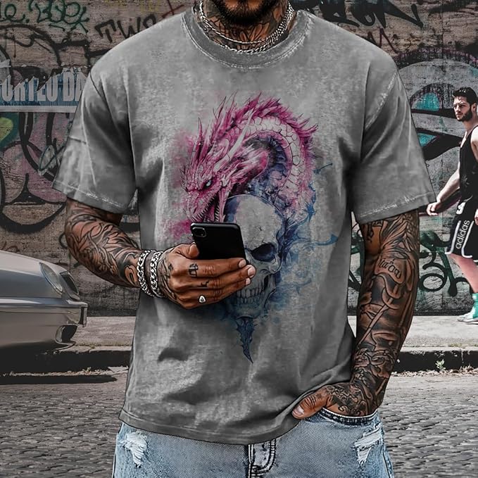 Mens Dragon Grpahic T-Shirts Short Sleeve 100% Cotton Crewneck Big and Tall Outdoor Summer Quick Dry Undershirts