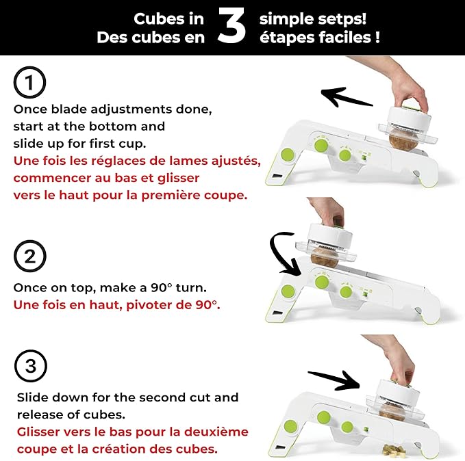 Starfrit Cubing Pro Mandoline Slicer, Dicer - 4 Blades & Graters with Storage Box - Straight & Crinkle V-Blades, Fine & Coarse Graters - 10 Thickness Settings, 3 Julienne Sizes - Self-Feeding Pusher