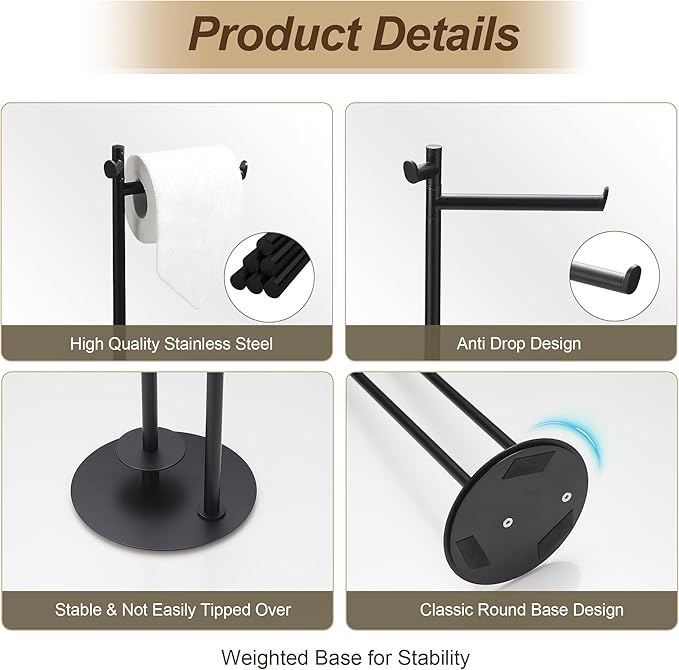 BVL Toilet Paper Holder Stand, Matte Black with Extra Heavy Base, Holds 5 Rolls, Waterproof Pad, Minimalist Design, 304 Stainless Steel, Rustproof & Space-Saving with Hook