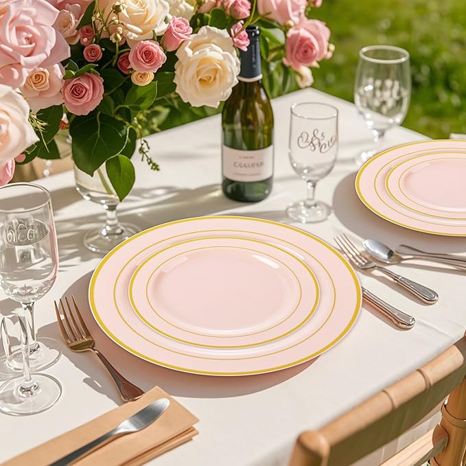GATHER 350PCS Pink Plastic Plates - Disposable Plastic Dinnerware Set Include 100 Pink Plates, 150 Silverware, 50 Napkins, 50 Cups for Party & Wedding