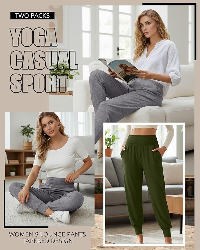 2 Pack Women's Yoga Joggers, Cozy Sweatpants with Pockets Casual Loose Comfy High Waisted Lounge Pants