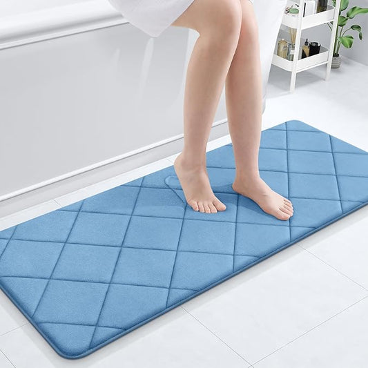 OLANLY Memory Foam Bath Mat 47x20, Ultra Soft and Absorbent Bathroom Rugs, Machine Washable, Comfortable Bath Carpet for Bathroom Floor, Tub and Shower, Blue