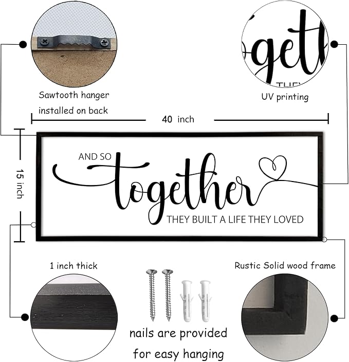 And So Together They Built A Life They Loved Sign Wall Decor 40"X15" Bedroom Above Over Bed Large Wood Framed Love Quotes for Couple Wall Hanging Art (Black)