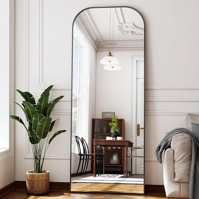 56x21 Inch Full Length Mirror - Large Floor Standing & Wall Mountable Full Body Mirror with Sturdy Aluminum Frame, Arched Top Design, Freestanding or Hanging for Bedroom, Living Room, Cloakroom,Black