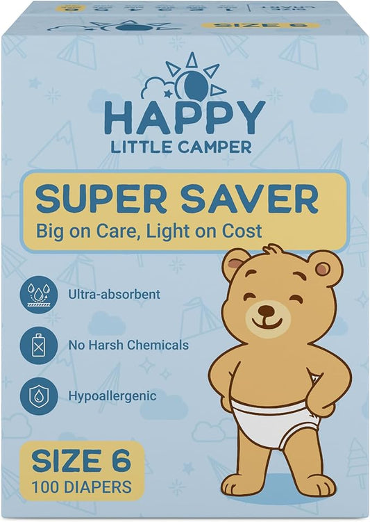 Happy Little Camper Super Saver Diapers, Size 6, 100 Count | Budget-Friendly Disposable Baby Diapers for Sensitive Skin | Hypoallergenic, Fragrance-Free, Ultra Absorbent