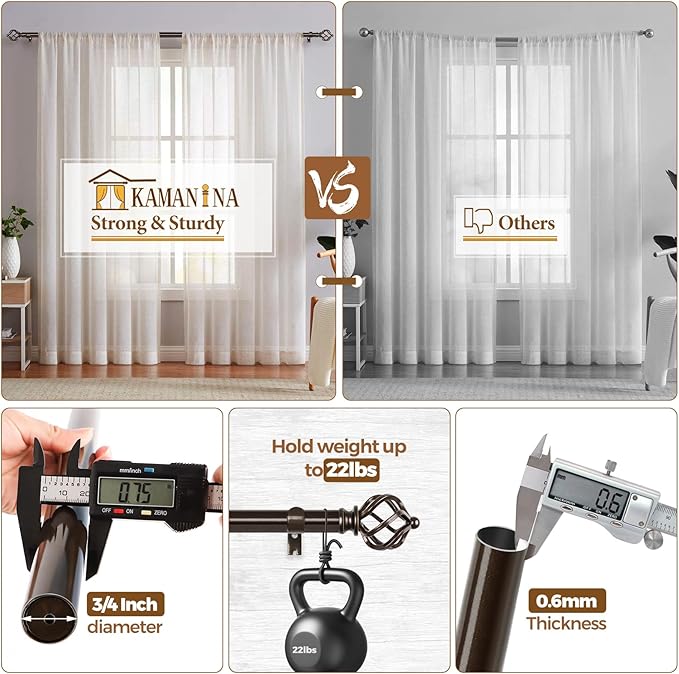 KAMANINA Bronze Curtain Rods for Windows 48 to 84 Inch, Adjustable Single Curtain Rod 32 to 86 Inch(2.6-7.1ft), 3/4 Inch Splicing Drapery Rods with Twisted Cage Finial