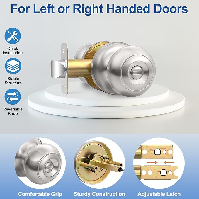 10 Pack Privacy Door Knob, Brushed Nickel Door Knobs Interior Keyless Door Locks for Bedrooms, Bathroom Door Knob for Left/Right Handle Doors