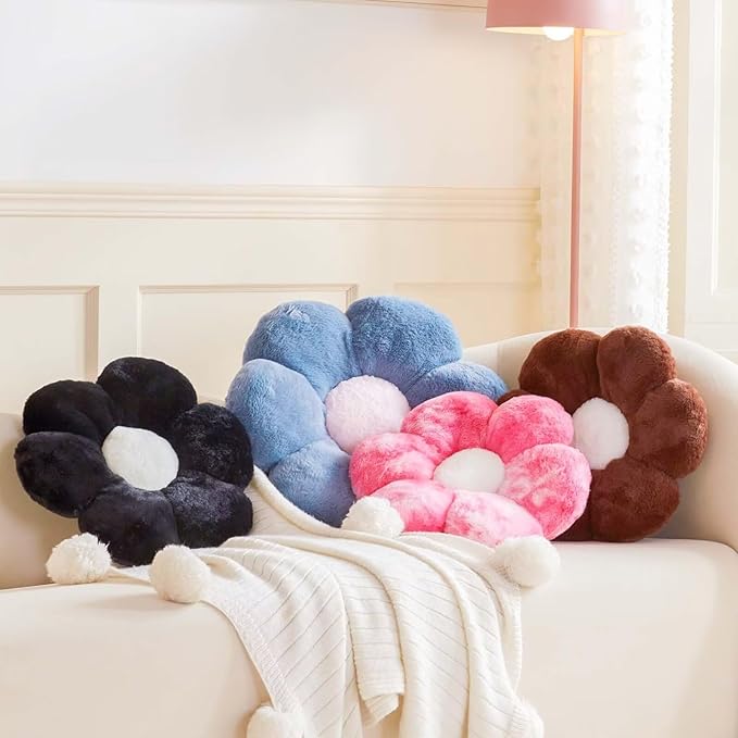 Black Flower Pillow, Cute Decorative Flower Shaped Throw Pillow with Faux Rabbit Fur, 19.6" Soft Daisy Plush Floor Cushion Aesthetic Room Decor for Bed Sofa Couch