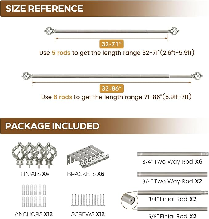 KAMANINA 2 Pack Curtain Rods 32 to 86 Inches (2.6-7.1ft), 3/4 Inch Curtain Rods for Windows Splicing Adjustable Single Drapery Rod with Twisted Cage Finial, for Indoor and Outdoor, Antique Silver