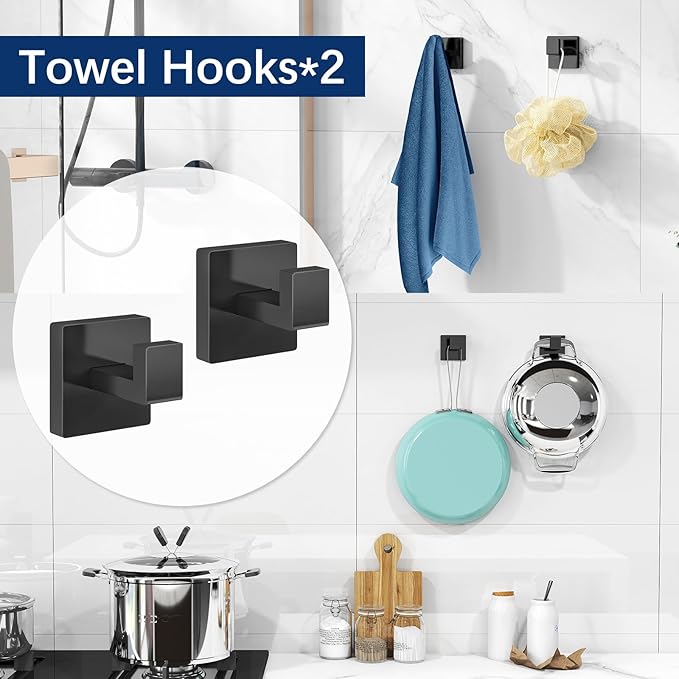 5-Piece Bathroom Hardware Accessories Set, Towel Racks for Bathroom Wall Mounted Stainless Steel, Matte Black Towel Bar Set 16In