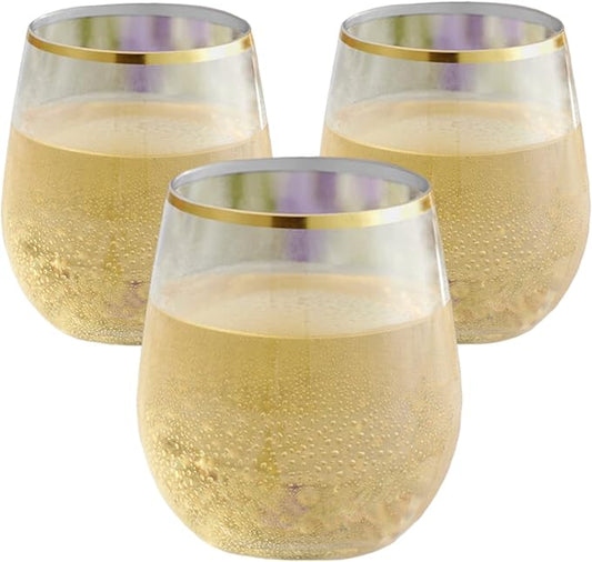Oojami 36 piece Disposable Stemless Unbreakable Crystal Clear Plastic Wine Glasses Set of 36 (12 Ounce, Gold Rim)