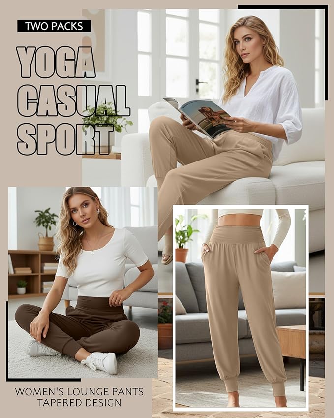 2 Pack Women's Yoga Joggers, Cozy Sweatpants with Pockets Casual Loose Comfy High Waisted Lounge Pants
