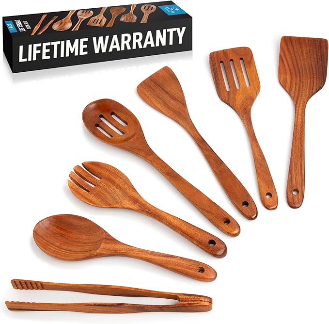 Zulay Kitchen 7-Piece Wooden Cooking Spoons Set – Heat-Resistant, Smooth Teak Utensils with Comfort Grip – Lightweight & Durable – Easy to Clean, Perfect for Non-Stick Cookware