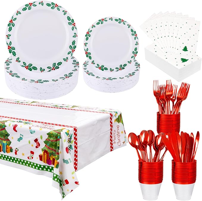 GATHER 176Pcs Christmas Plastic Plates - Heavy Duty Christmas Dinnerware Set Includes 50 Plates, 75 Red Plastic Silverware, 25 Cups, 25 Napkins and 1 Tablecloth for Xmas Party