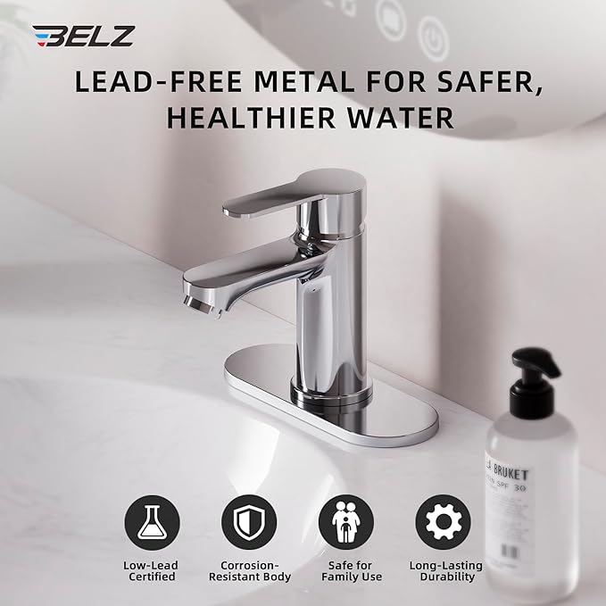 BELZ Bathroom Faucet, Single Handle Matte Black Sink Faucet for 1 or 3 Hole Installation, Modern Lead-Free Metal Vanity Faucet with Pop-Up Drain & Supply Hoses (Polished Chrome)