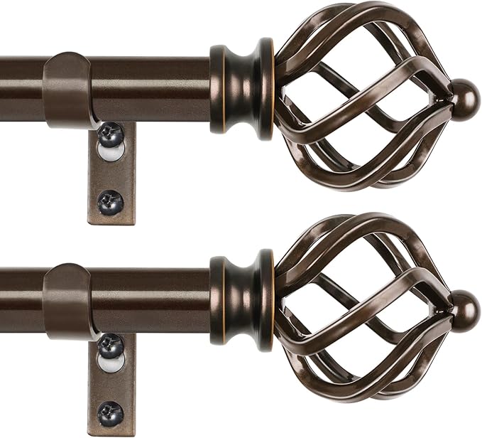 KAMANINA 2 Pack Curtain Rods 32 to 86 Inches (2.6-7.1ft), 3/4 Inch Curtain Rods for Windows Splicing Adjustable Single Drapery Rod with Twisted Cage Finial, for Indoor and Outdoor, Bronze