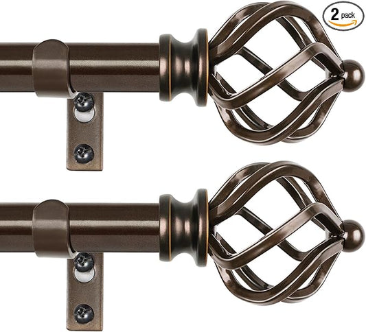 KAMANINA 2 Pack Curtain Rods 32 to 58 Inches (2.6-4.8ft), 3/4 Inch Curtain Rods for Windows Splicing Adjustable Single Drapery Rod with Twisted Cage Finial, for Indoor and Outdoor, Bronze