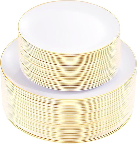KIRE 100PCS Disposable Plates - White with Gold Rim for Christmas Party/Wedding - Includes 50Pieces 10.25inch Dinner and 50Pieces 7.5inch Dessert/Salad Plates