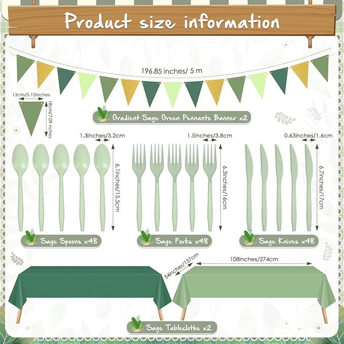 Mimorou 342 Pcs Sage Green Party Supplies Green Tableware Paper Disposable Plates Napkins Cups Plastic Tablecloth Sage Golden Triangle Banner for Wedding Bachelorette Birthday