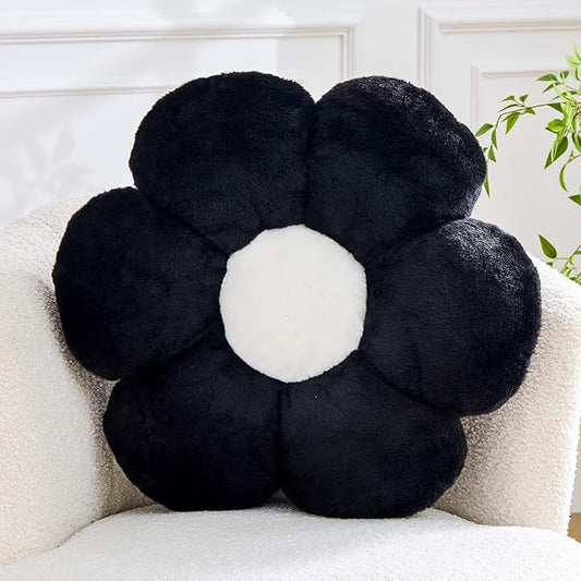 Black Flower Pillow, Cute Decorative Flower Shaped Throw Pillow with Faux Rabbit Fur, 19.6" Soft Daisy Plush Floor Cushion Aesthetic Room Decor for Bed Sofa Couch