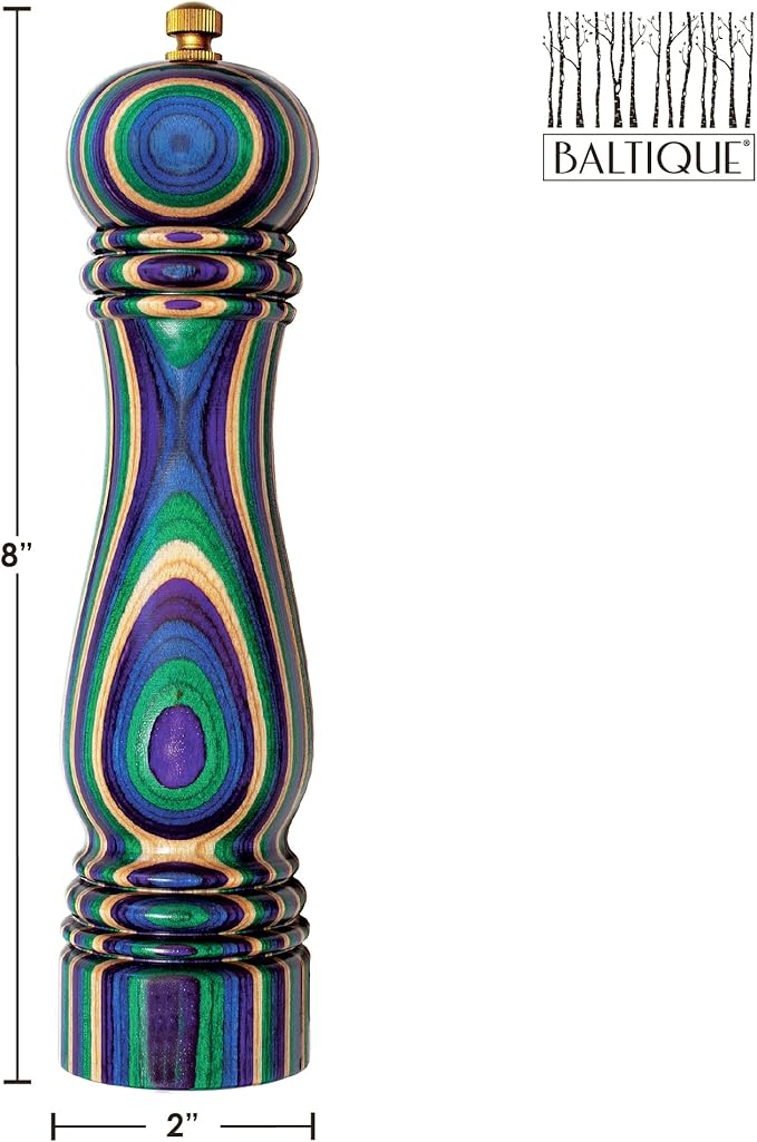Baltique Mumbai Pepper Grinder – 8 Inch Colorful Wooden Pepper Mill with Adjustable Stainless Steel Grinding Mechanism – Manual Wood Pepper Grinder for Kitchen or Table Use