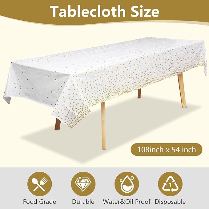 201 PCS Disposable Paper Plates Gold Party Supplies, Golden Polka Dots Birthday and Baptism Decorations, include Plates and Cups, Napkins, Plastic Tablecloth for Baby Shower Wedding Christmas
