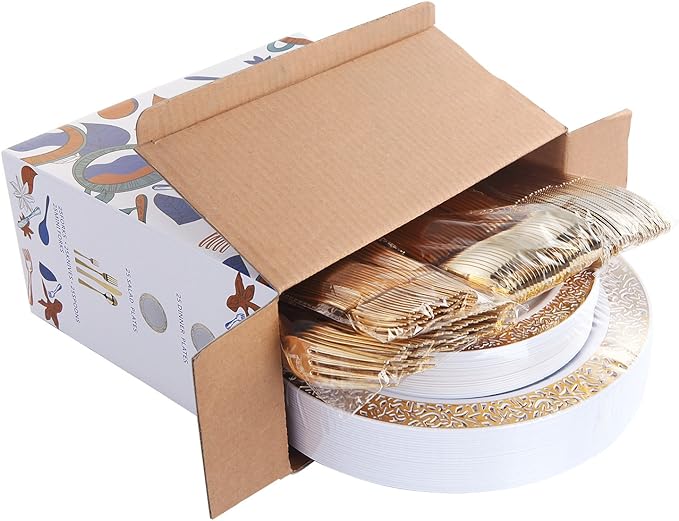 WDF 150PCS Gold Plastic Plates Set Christmas Plastic Plates 25Guests Gold Disposable Dinnerware Sets for Christmas