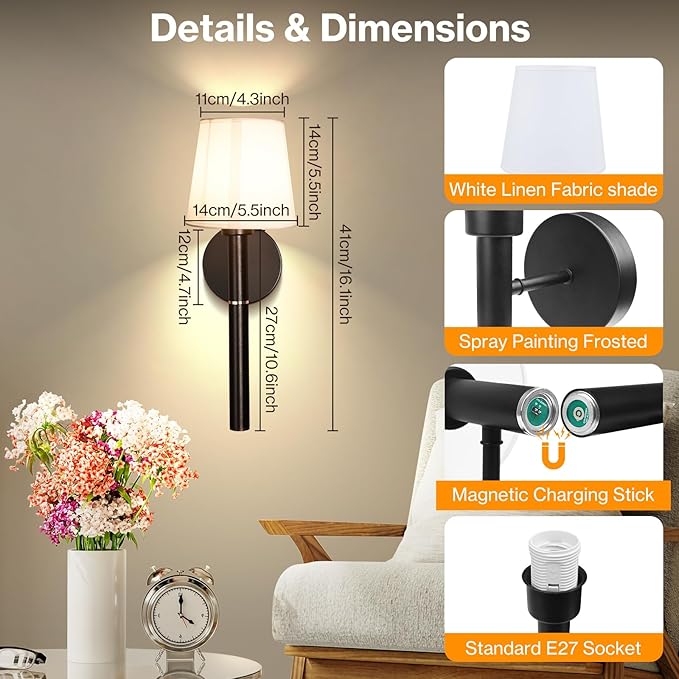 Battery Operated Wall Sconce Set of 2, 5200mAh RGB Wireless Wall Lights with Detachable Charging Stick & Dimmable Bulbs, 12 Colors Rechargeable Wall Lamps for Bedroom Living Room Hallway Decor, Gold