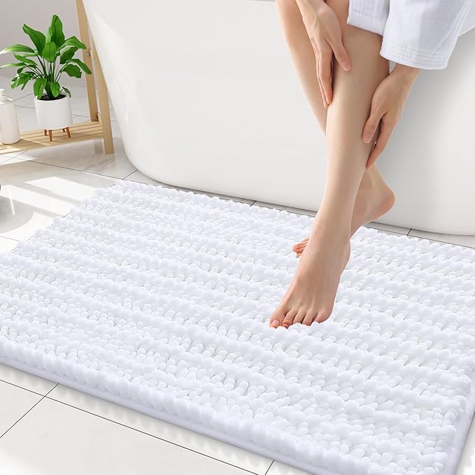 Smiry Bathroom Rugs Mat 34x21, Extra Soft Absorbent Chenille Bath Rugs, Non Slip Rubber Backing Machine Washable Quick Dry Bath Mats for Bathroom Floor, Tub, Shower, Home Decor Accessories, White