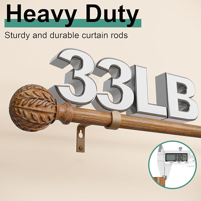 Boho Wood Curtain Rods for Windows 28 to 48 inch,1" Adjustable Heavy Duty Window Curtain Rod with Imitation Wood Grain Finials,Rustic Decorative Drapery Rods Set,Size:18-60'',Natural Wood