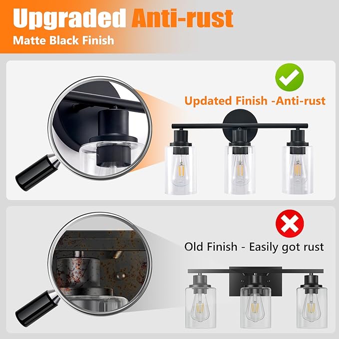 DLLT 3-Light Bathroom Light Fixtures: Black Modern Vanity Lights with 3 E26 Bulbs - Clear Glass Shade Bathroom Wall Lamp for Mirror Kitchen Living Room Hallway Cabinet Porch