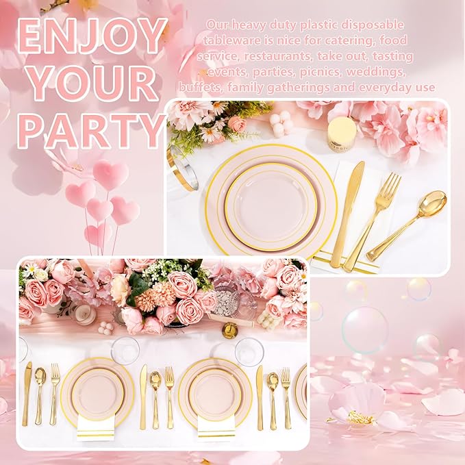 GATHER 350PCS Pink Plastic Plates - Disposable Plastic Dinnerware Set Include 100 Pink Plates, 150 Silverware, 50 Napkins, 50 Cups for Party & Wedding