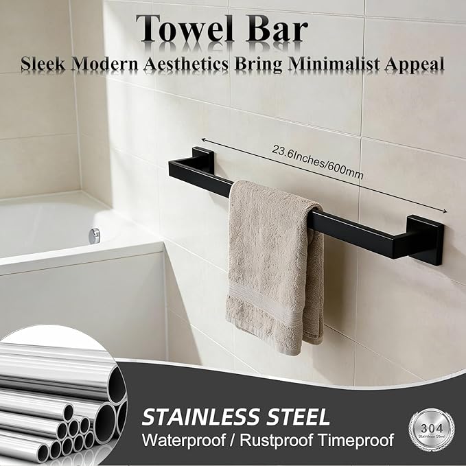 Bathroom Hardware Set 5 Piece Matte Black Bathroom Accessories Set SUS304 Towel Bar Set Includes Towel Bar 24 Inch+Towel Holder+Toilet Paper Holder+Towel Hook (5, Matte Black)