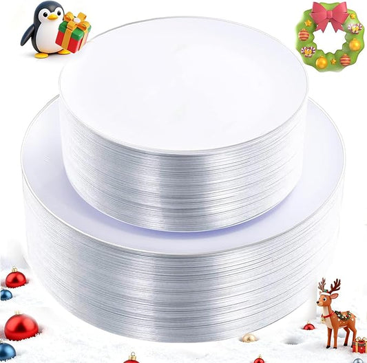 KIRE 100PCS Silver Plastic Plates - Heavy Duty White Disposable Plates with Silver Rim for Party/Wedding - Include 50Pcs 10.25inch Dinner Plates and 50Pcs 7.5inch Dessert Plates for Christmas