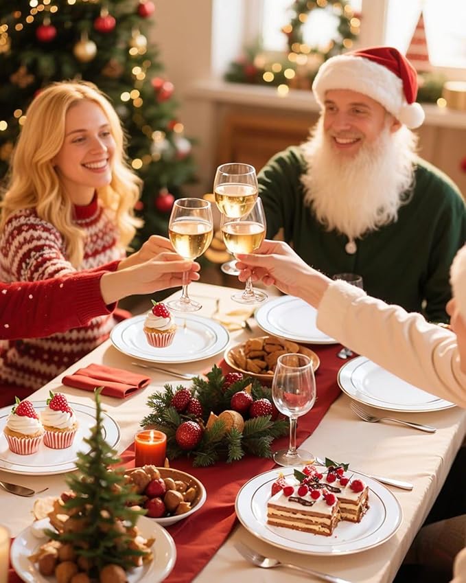 GATHER 350PCS Silver Plastic Plates - White and Silver Disposable Plates for 50 Guests Includes 100 Plate, 50 Napkins, 150 Silvery Cutlery and 50 Cups for Party & Christmas