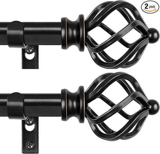 KAMANINA 2 Pack Curtain Rods 32 to 58 Inches (2.6-4.8ft), 3/4 Inch Black Curtain Rods for Windows Splicing Adjustable Single Drapery Rod with Twisted Cage Finial, for Indoor and Outdoor