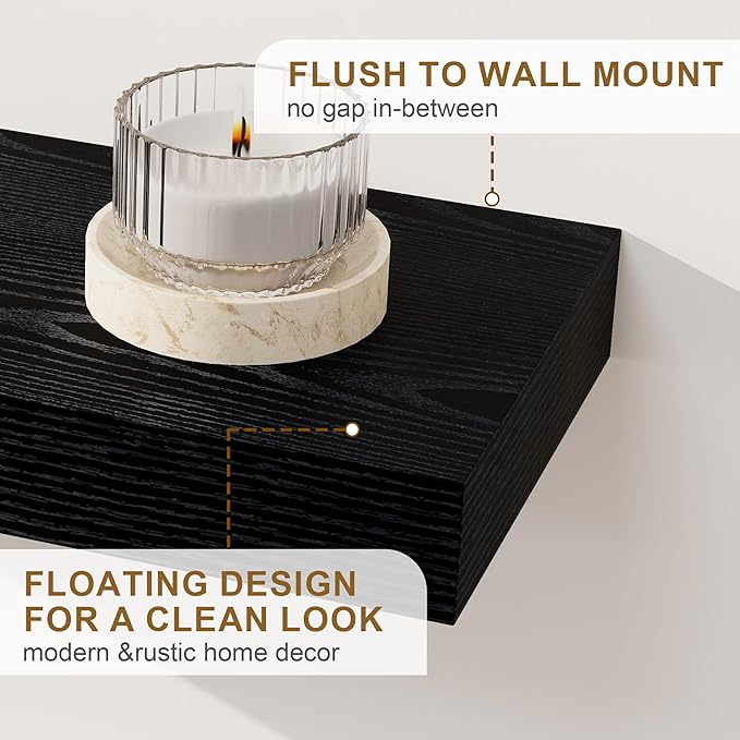 Fun Memories Floating Shelves for Wall, 20Inch Floating Shelves Set of 2, Hanging Shelf with Invisible Brackets, Wood Shelves for Living Room, Bedroom, Kitchen, Black
