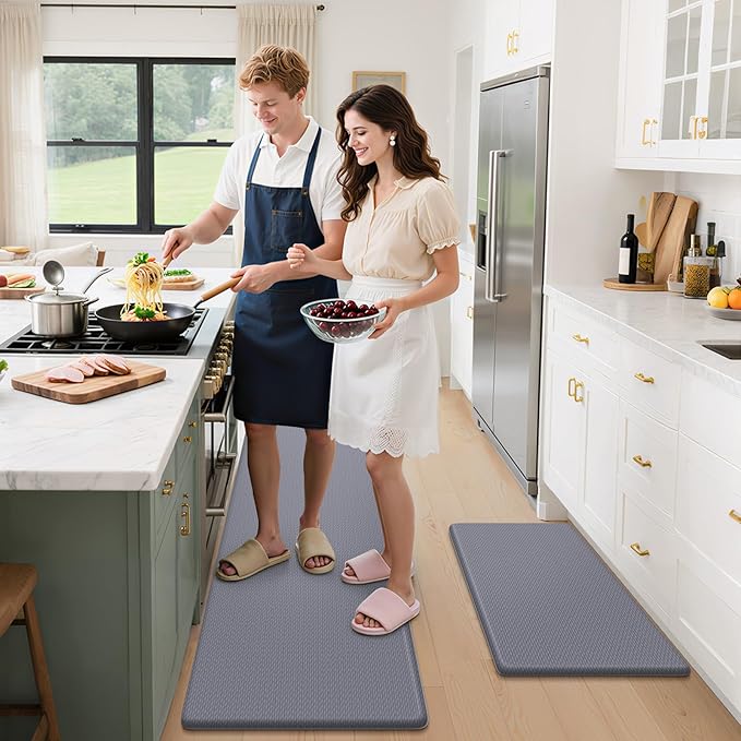 StepLively Kitchen Mat, 2 PCS Kitchen Rugs, Cushioned Kitchen Mats for Floor, Anti Fatigue Kitchen Rug Set, Non-Skid Standing Mat for Kitchen, Office, Sink, 17.3"x30"+17.3"x47", Grey