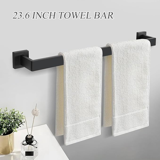 Bathroom Towel Bar Holder Sets Matte Black 5-Piece Bathroom Hardware Set Stainless Steel Bath Accessories Kit. Wall Mounted,23.6 Inch