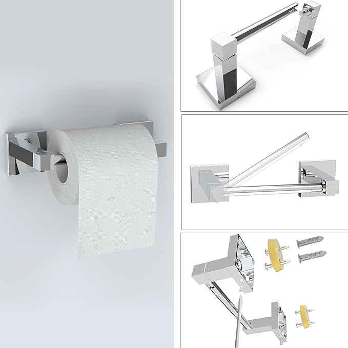 Ruacq Chrome 4pcs Bathroom Hardware Set-Toilet Paper Holder-Towel Ring -Towel Hooks for bathrooms-18 Inch Towel Bar Stainless Steel Wall Mounted, Bathroom Accessories Set