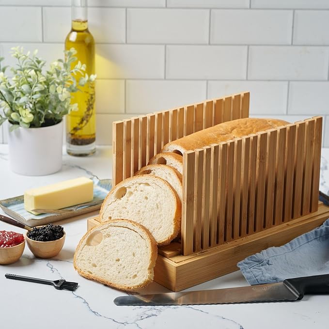 Bambüsi Upgraded Bread Slicer for Homemade Bread - Adjustable Bamboo Bread Cutter Board, Foldable Slicing Guide with Crumb Tray for Sourdough, Artisan Loaves, Bagels, Cakes, Bakery Kitchen Gadget Gift