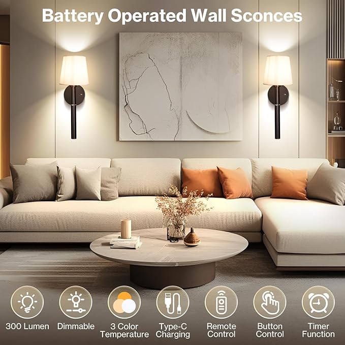 Battery Operated Wall Sconce Set of 2, 5200mAh Wireless Wall Lights with Detachable Charging Stick & Dimmable Bulbs, 3 Colors Rechargeable Wall Lamps for Bedroom Living Room Hallway Decor, Black