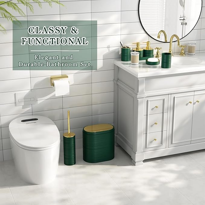 Bathroom Set, 10PC Bathroom Accessory Set, Green Bathroom Accessories, Green and Gold Bathroom Set with Trash Can, Soap Dispensers