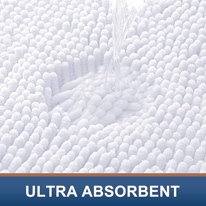 Smiry Luxury Chenille Bathroom Rugs 59x35, Extra Soft and Absorbent Shaggy Bath Mat, Machine Washable, Non-Slip Plush Carpet Runner for Tub, Shower, and Floor, Home Decor Accessories, White